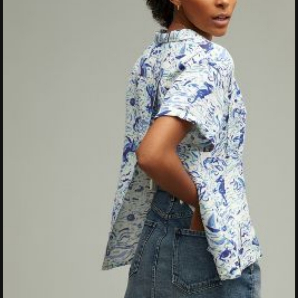 Maeve White Button-Down Shirt with Blue Print